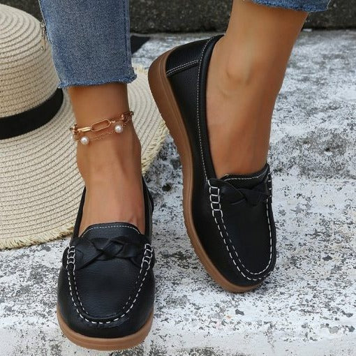 Women's Leather Loafers with Arch Support and Wide Toe Box, Slip Resistant Sole