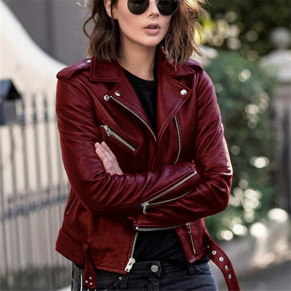 Leather Motorcycle Jacket with Slanted Zipper and Snap Collar, Multiple Pockets
