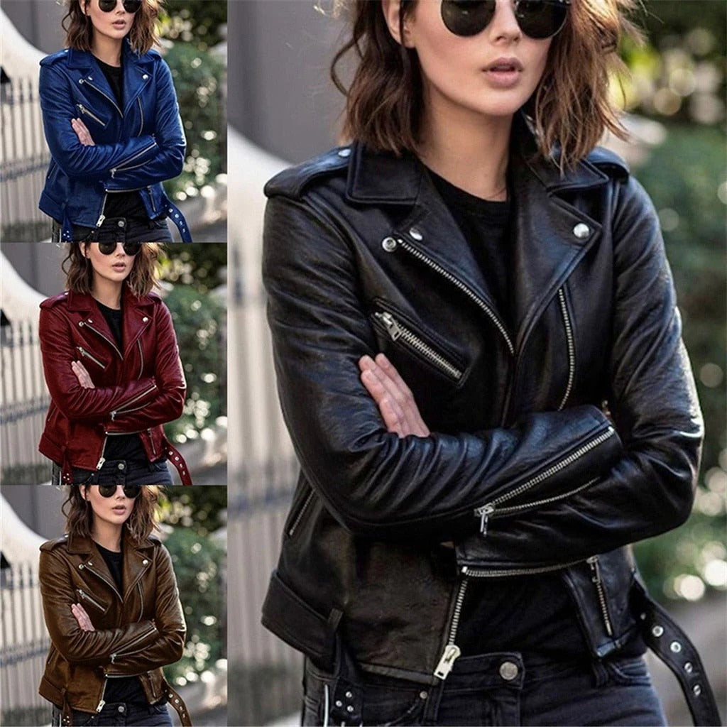 Leather Motorcycle Jacket with Slanted Zipper and Snap Collar, Multiple Pockets