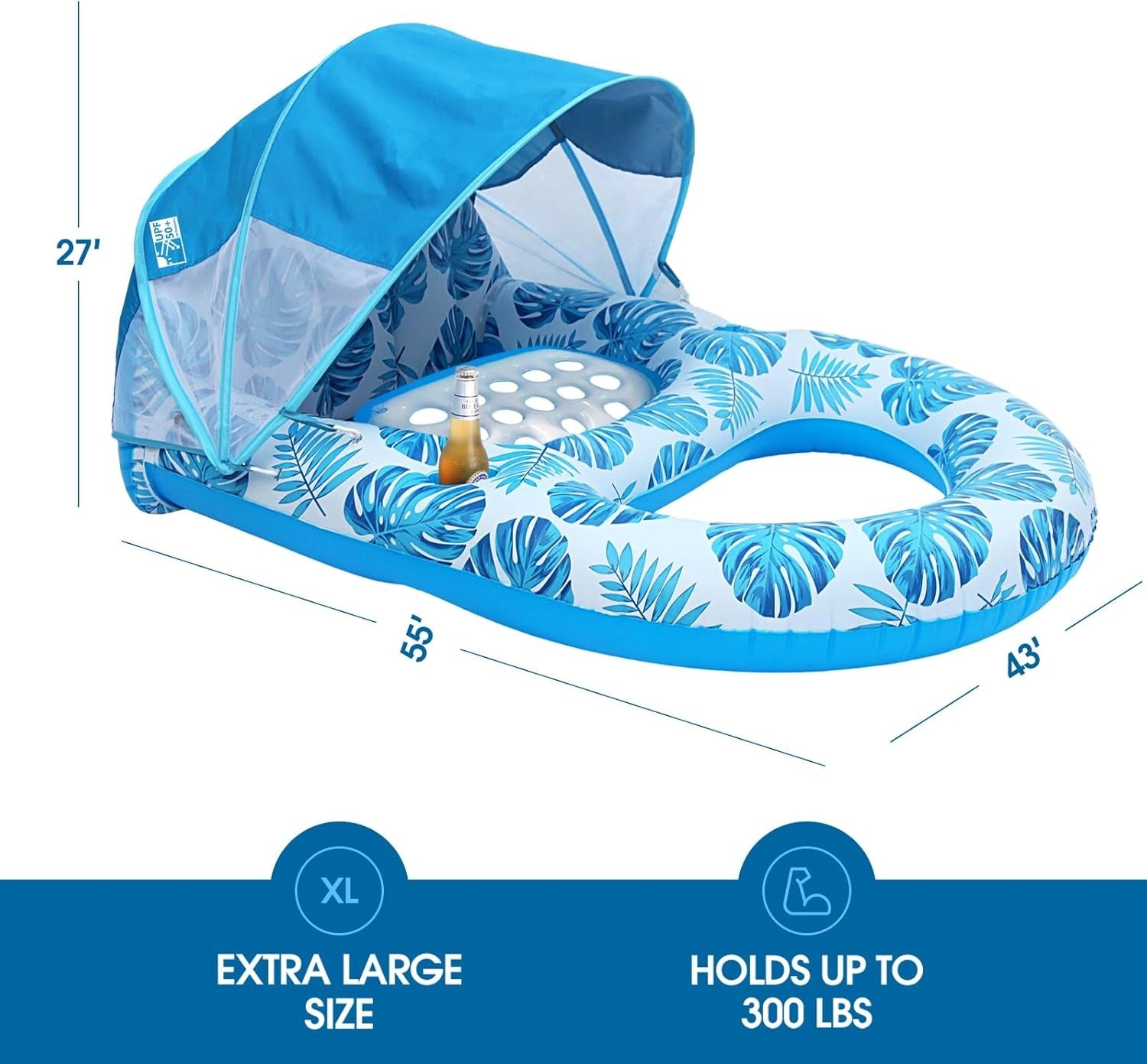 Inflatable Pool Lounge Float with Adjustable Canopy and Cup Holder, 300lb Capacity