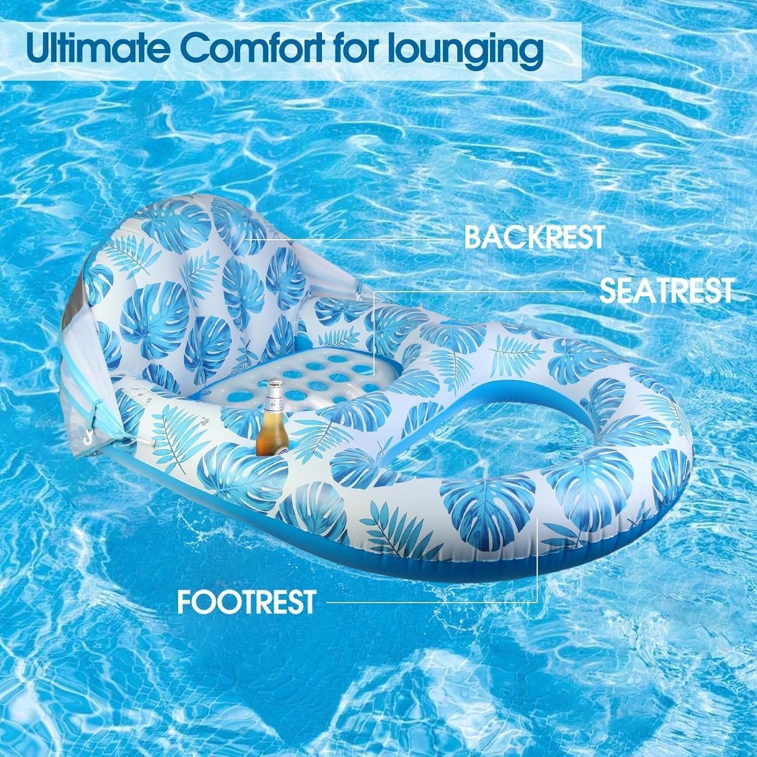 Inflatable Pool Lounge Float with Adjustable Canopy and Cup Holder, 300lb Capacity