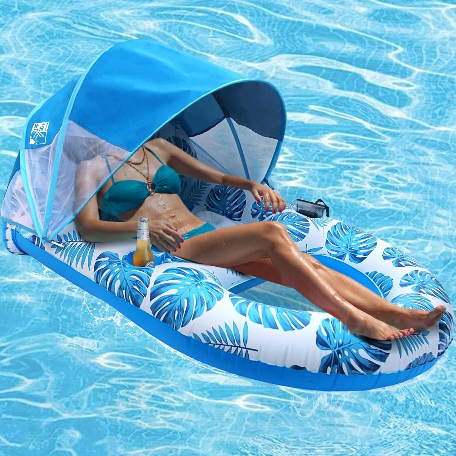 Inflatable Pool Lounge Float with Adjustable Canopy and Cup Holder, 300lb Capacity