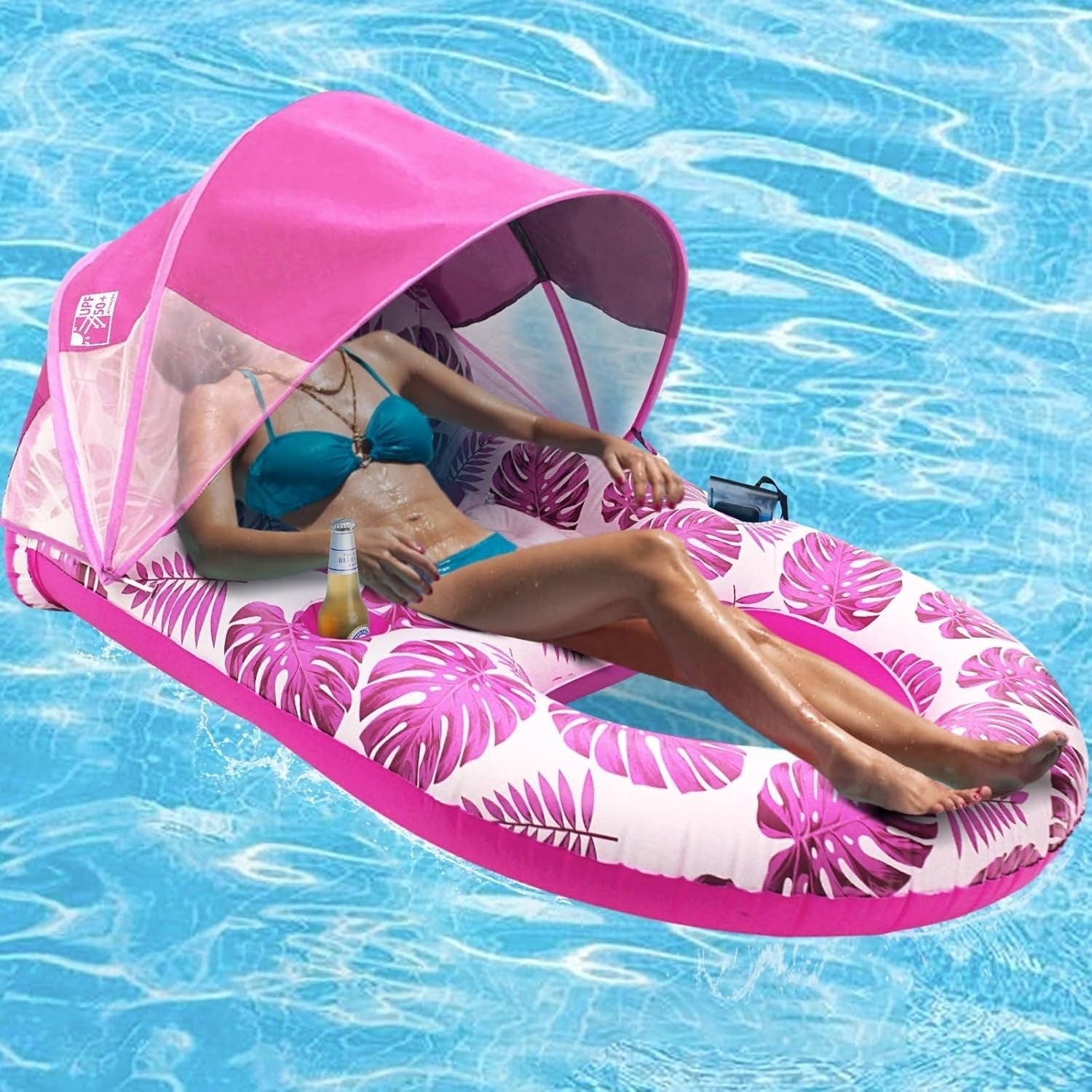 Inflatable Pool Lounge Float with Adjustable Canopy and Cup Holder, 300lb Capacity