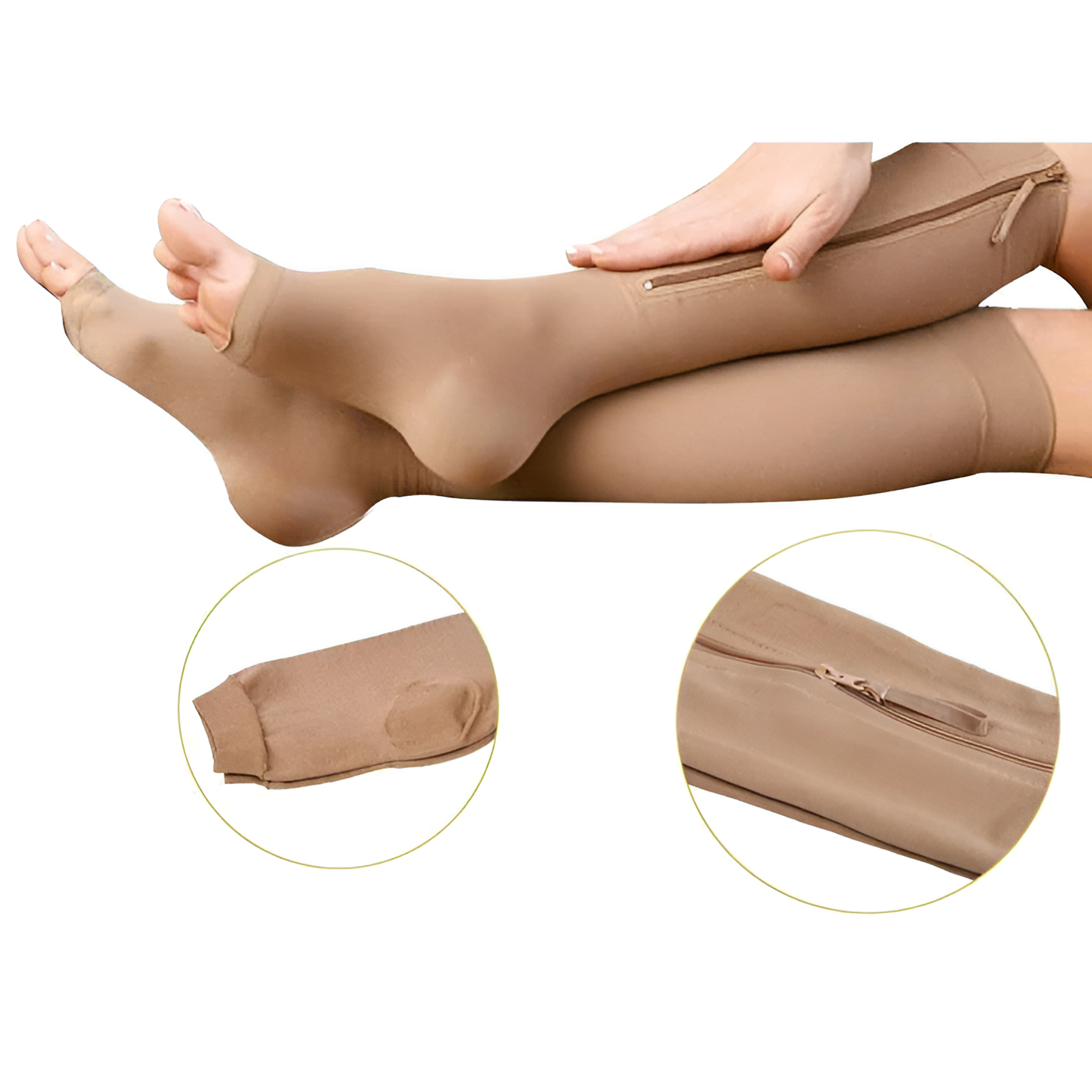 Compression Socks with Side Zipper and Open Toe Design, 20-30 mmHg Support
