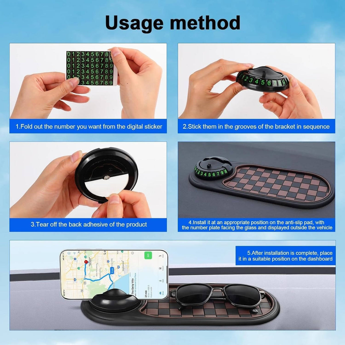 Dashboard Phone Holder with 360-Degree Rotation and Storage Compartments