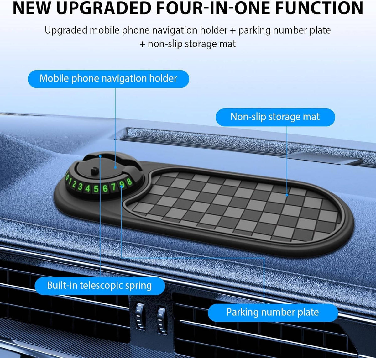 Dashboard Phone Holder with 360-Degree Rotation and Storage Compartments