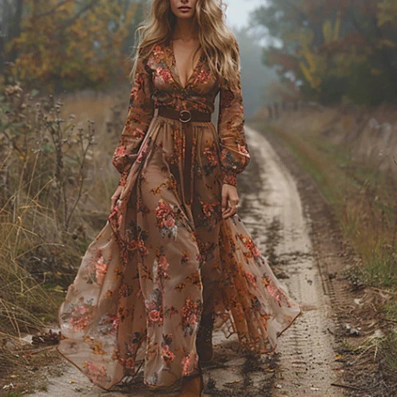 Sleeveless Maxi Dress with Hand Embroidered Floral and Tiered Chiffon Layers