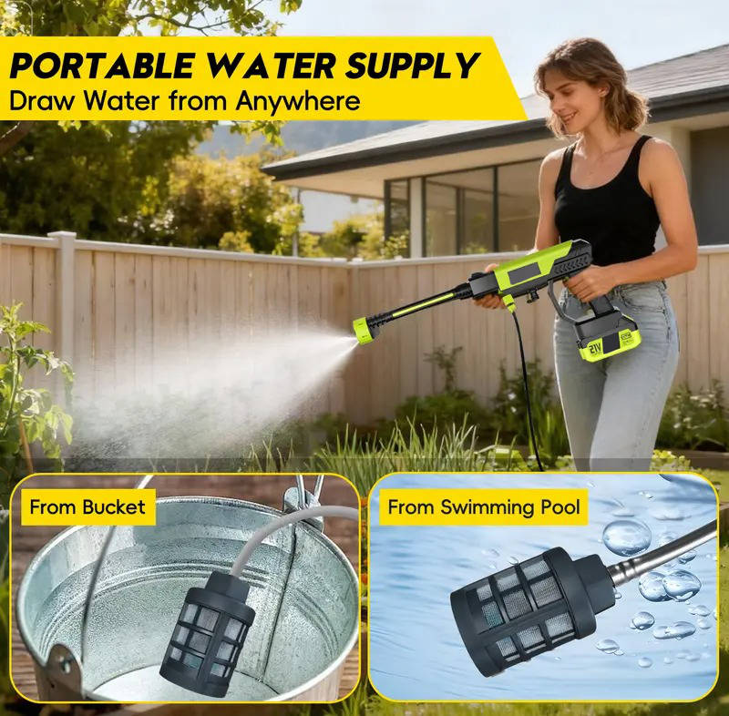Portable Pressure Washer with Six Spray Nozzles and Detachable Battery, Bucket Feed