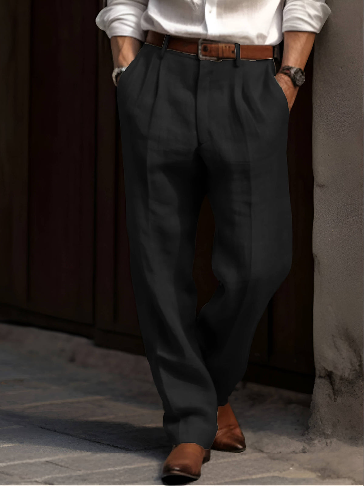 Men's Cotton Linen Blend Pants with Elastic Waist and Pleated Front, Machine Washable