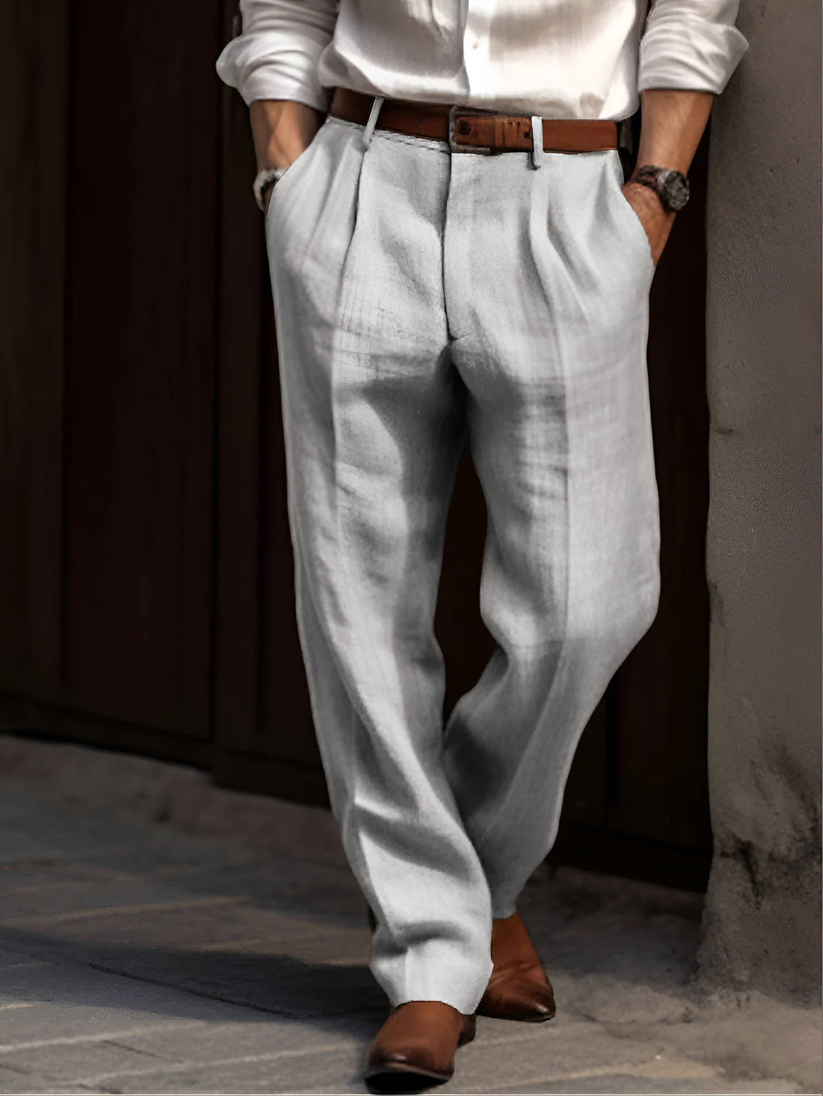 Men's Cotton Linen Blend Pants with Elastic Waist and Pleated Front, Machine Washable