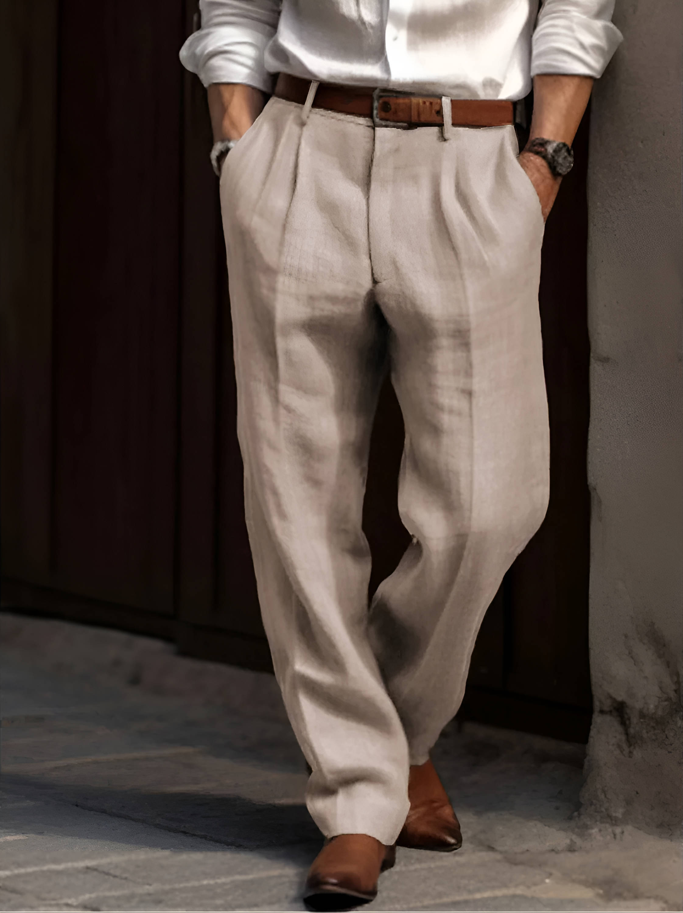 Men's Cotton Linen Blend Pants with Elastic Waist and Pleated Front, Machine Washable