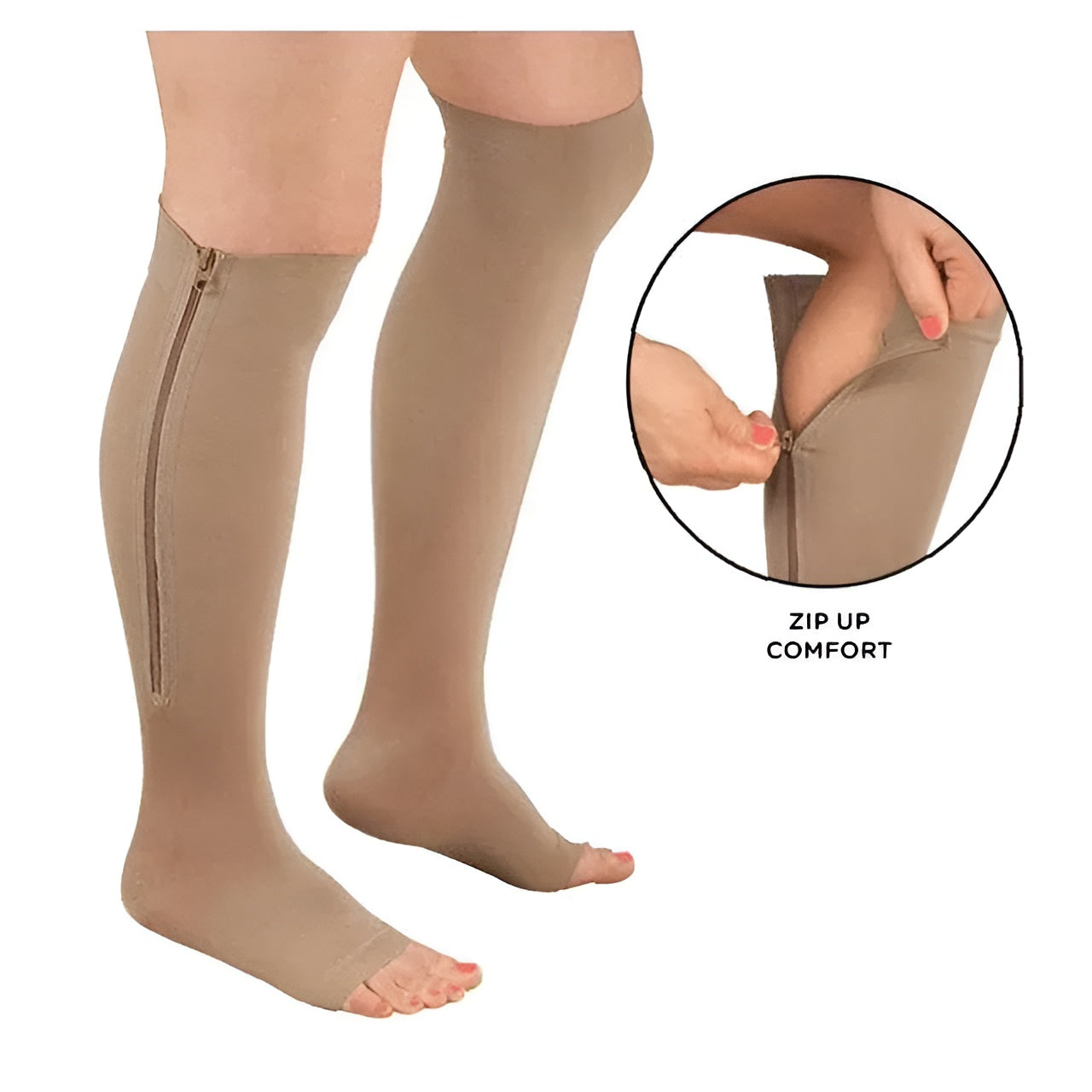 Compression Socks with Side Zipper and Open Toe Design, 20-30 mmHg Support