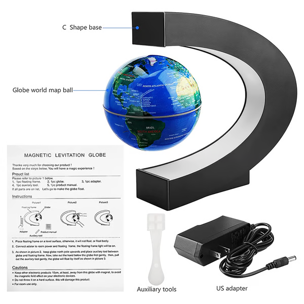 Levitating Globe with Electromagnetic Suspension and Multicolored LED Ring