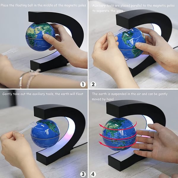 Levitating Globe with Electromagnetic Suspension and Multicolored LED Ring