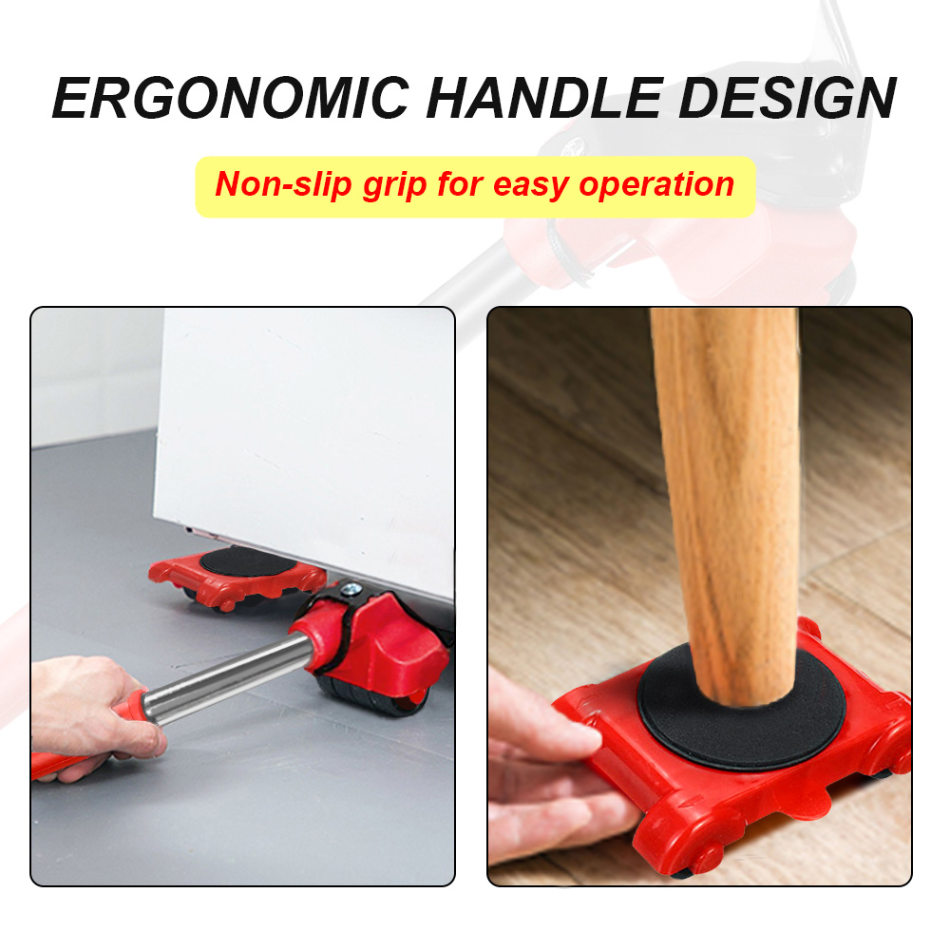 Furniture Moving Rollers with Lifting Bar and 360-Degree Wheels, 4-Pad Set