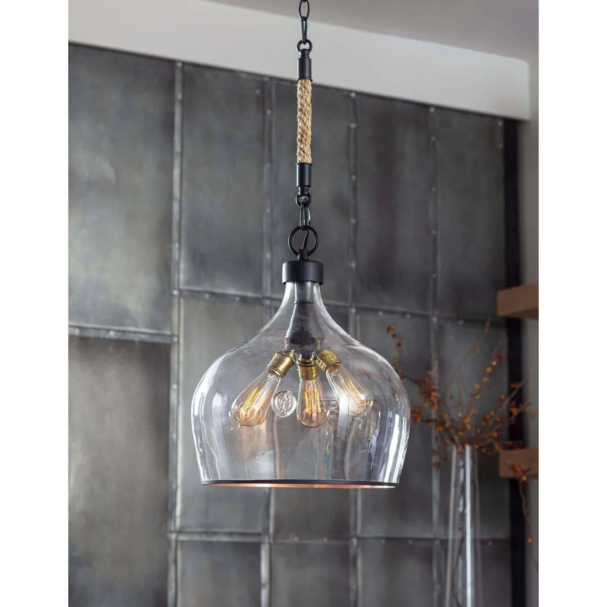 HarborGlow Clear Glass Rope Pendant Light 3-Light E26, Rustic Kitchen Island Living Room Ceiling Lights