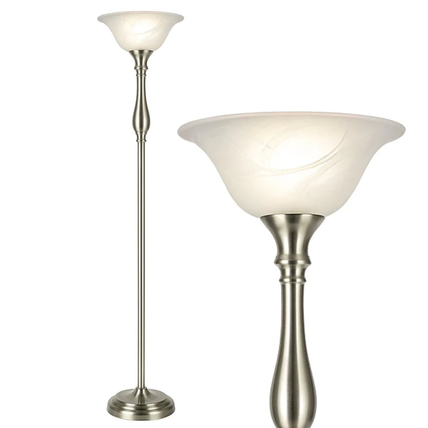 EverGlow Torchiere Floor Lamp 72" Brushed Nickel with Alabaster Glass Shade, Living Room Floor Lamps