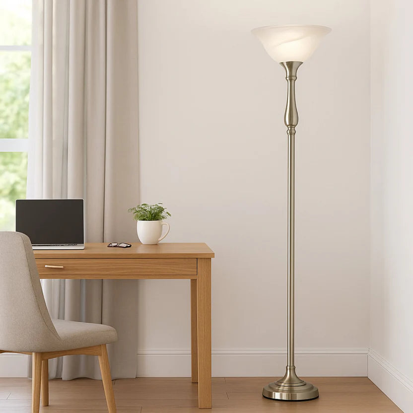 EverGlow Torchiere Floor Lamp 72" Brushed Nickel with Alabaster Glass Shade, Living Room Floor Lamps