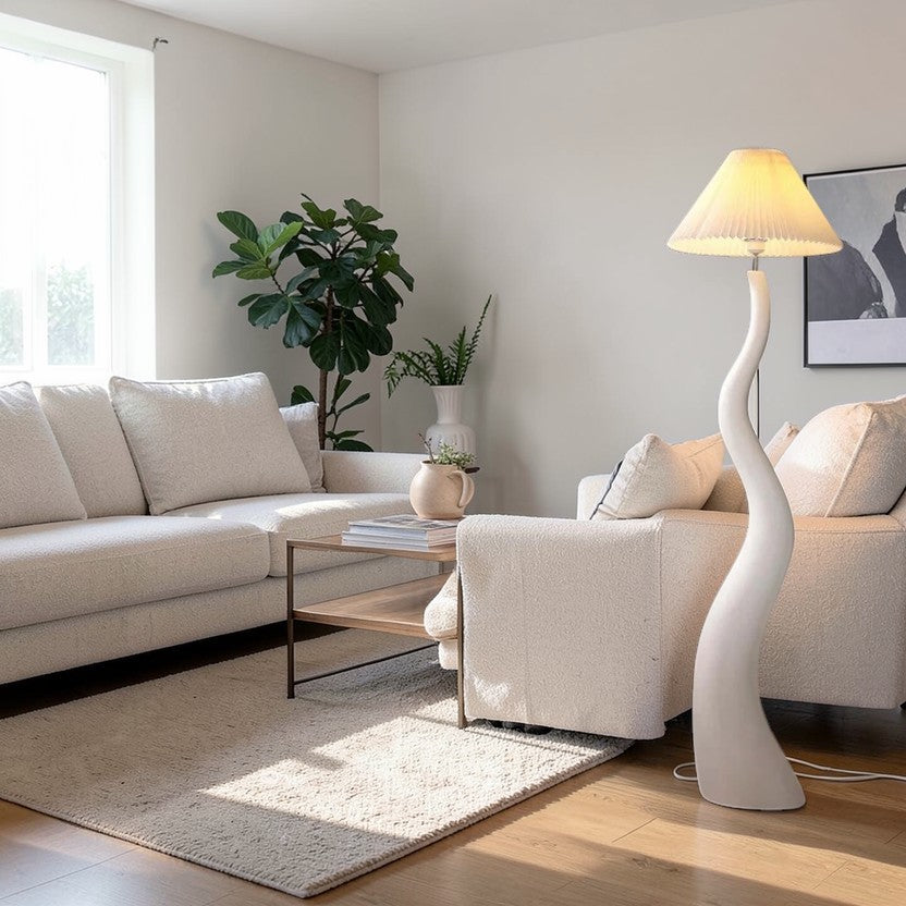 LumiNest Sculptural Spiral Floor Lamp 65" White Resin with Pleated Shade, Living Room Floor Lamps