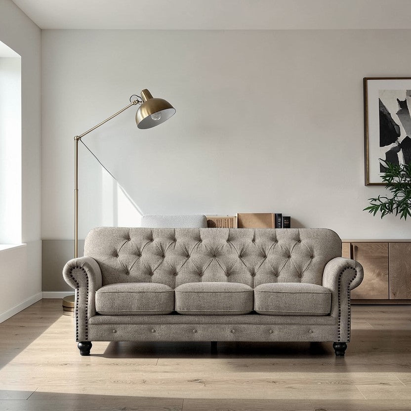 LuxeCraft Tufted Chenille Sofa with Rolled Arms, 3-Seater Living Room Sofas