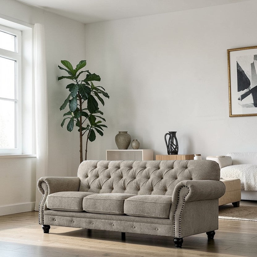 LuxeCraft Tufted Chenille Sofa with Rolled Arms, 3-Seater Living Room Sofas