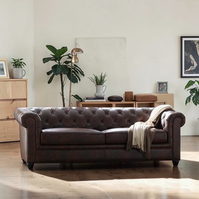 HeritageCraft Leather Sofa with Rolled Arms & Tufted Back, 3-Seater Living Room Sofas
