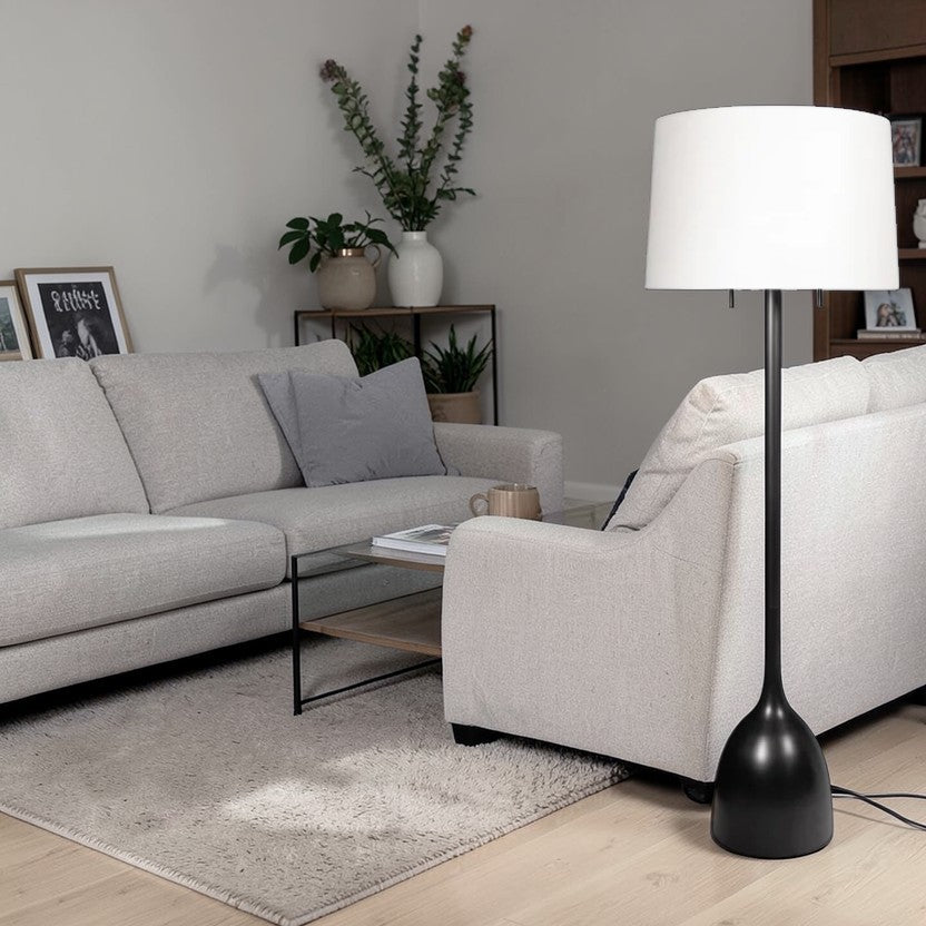 LumiNest Logan Dual Socket Floor Lamp 62" Black Metal with White Drum Shade, Living Room Floor Lamps