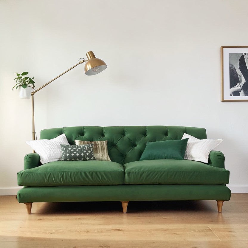 VelvetLux Tufted Green Sofa with Deep Button Back, 3-Seater Living Room Sofas