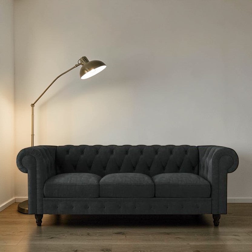 UrbanElegance Chesterfield Velvet Sofa Dark Gray with Tufted Back, 3-Seater Living Room Sofas