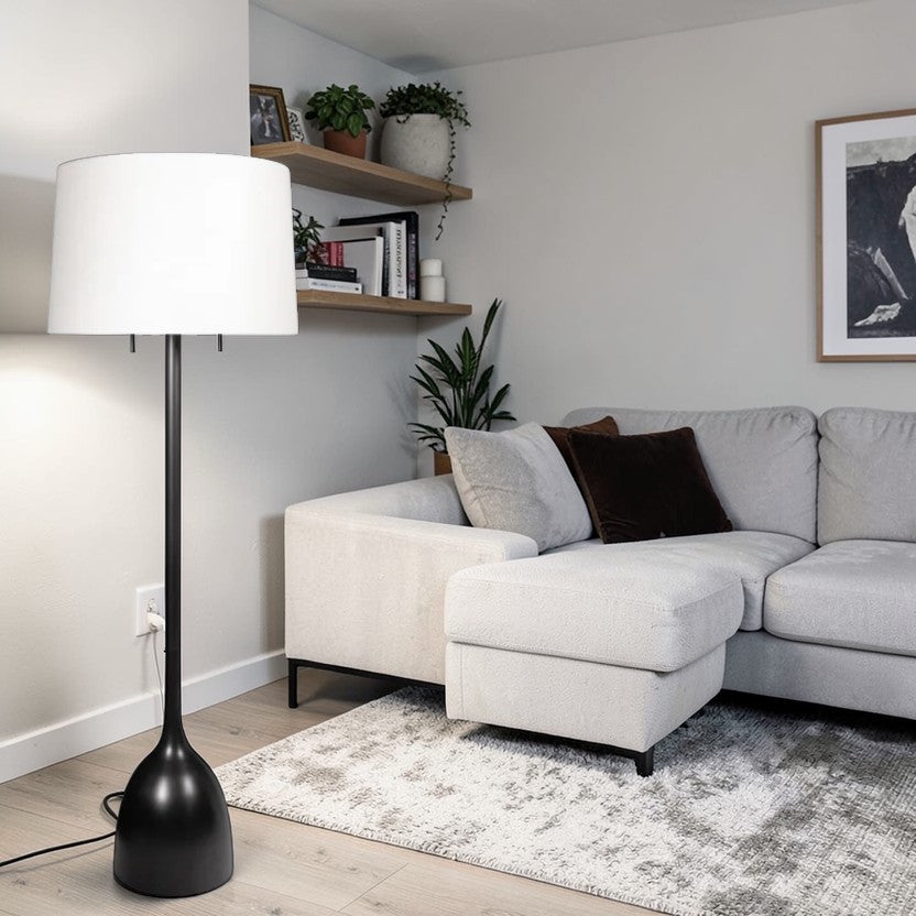LumiNest Logan Dual Socket Floor Lamp 62" Black Metal with White Drum Shade, Living Room Floor Lamps