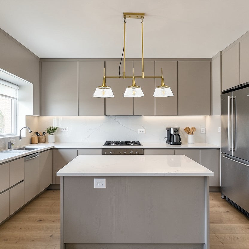 Aurelia Brass Gold 3-Light Glass Linear Pendant Adjustable Modern, Kitchen Lights
