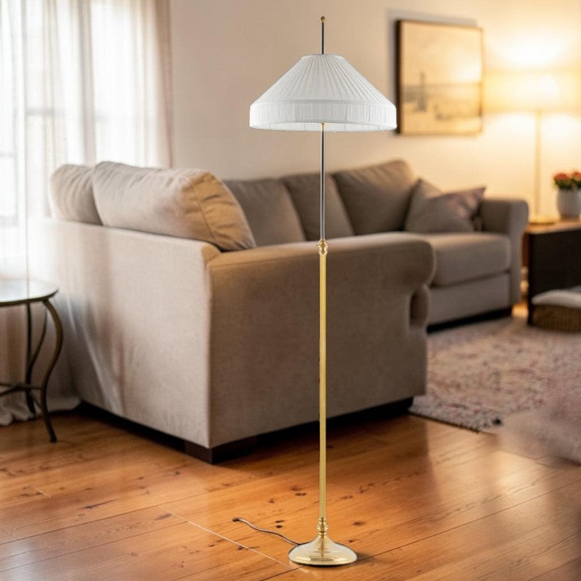 LumiNest Vintage Brass Floor Lamp with Pleated White Shade, Living Room Floor Lamps