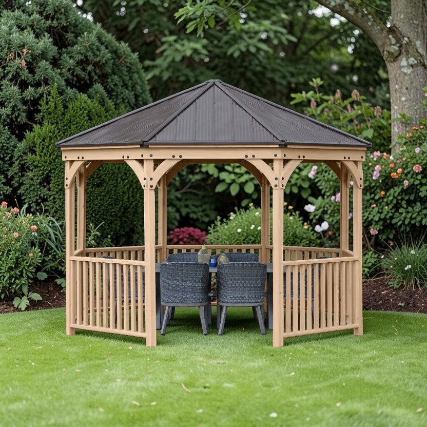 Classic Retreat 12 ft Cedar Octagon Gazebo with Aluminum Roof Natural Wood Finish, Outdoor Pavilion