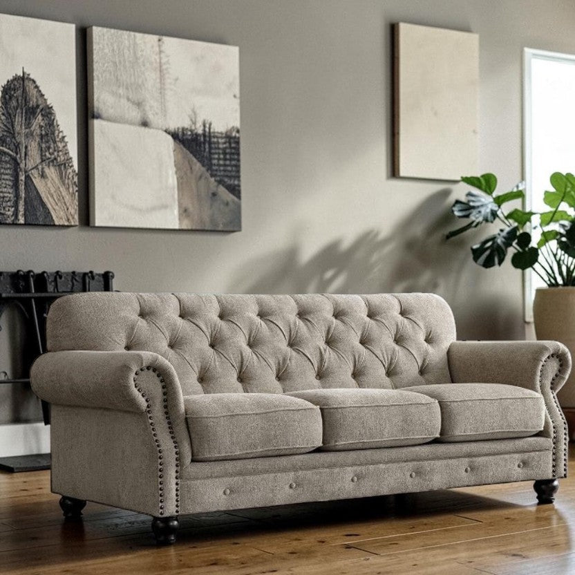 LuxeCraft Tufted Chenille Sofa with Rolled Arms, 3-Seater Living Room Sofas