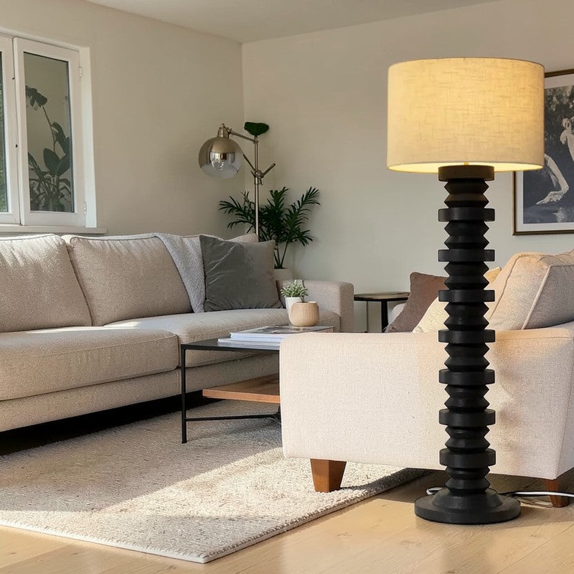 LumiNest Capo Sculpted Wood Floor Lamp 63" Black with Fabric Shade, Living Room Floor Lamps