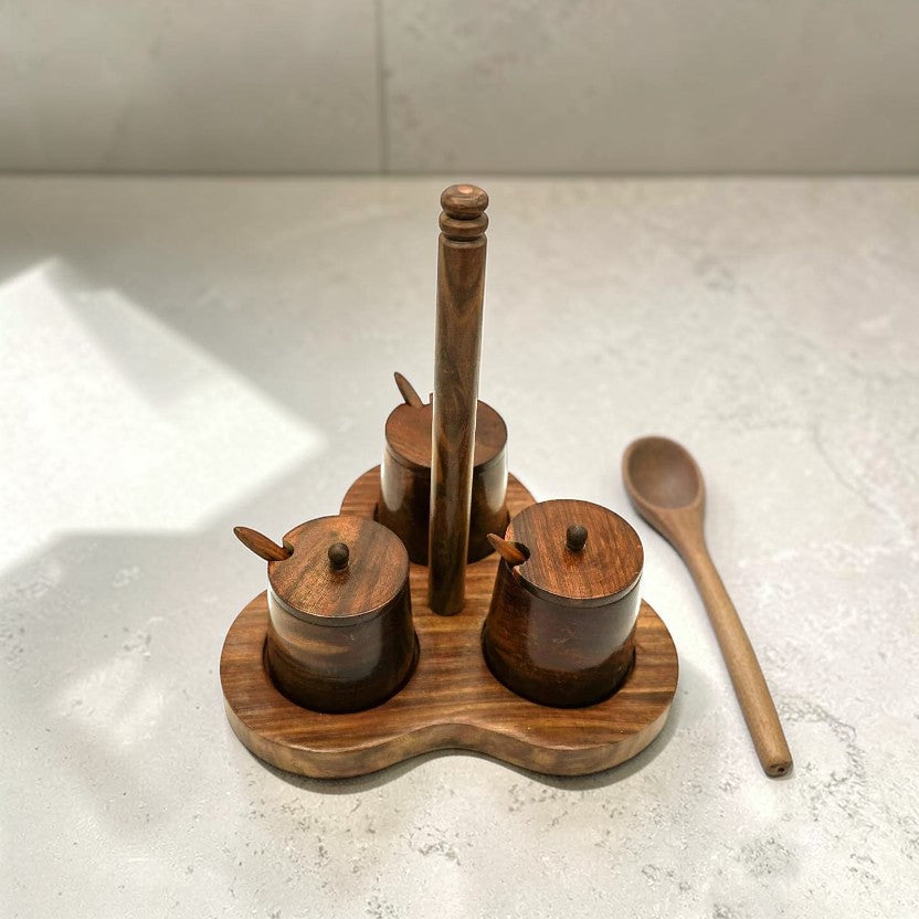 Wood 3-Compartment Spice & Dry Fruit Organizer Set, Kitchen Accessories