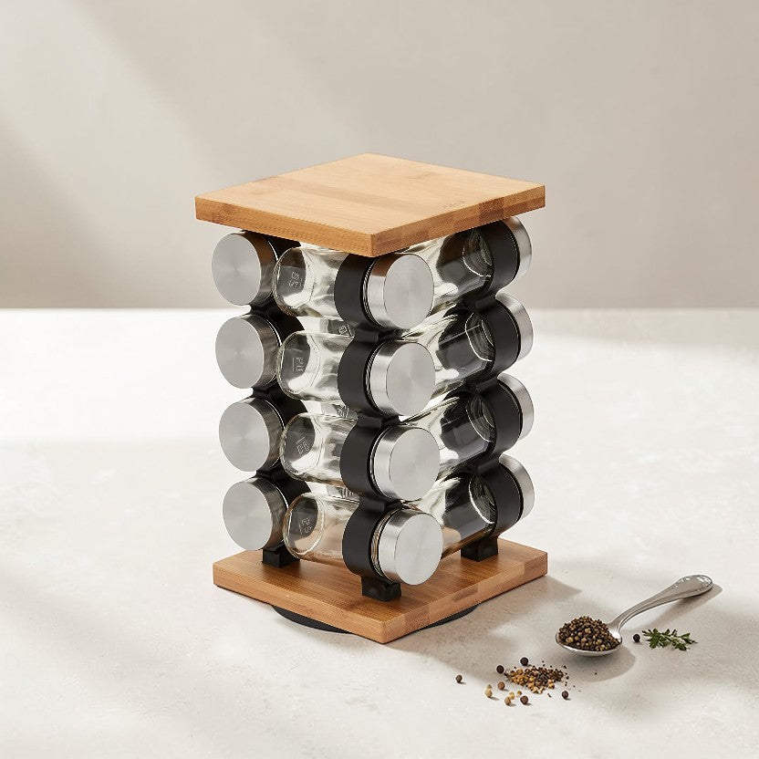 Modern Rotating Spice Rack Organizer Stainless Steel with 12 Glass Jars Set, Kitchen Accessories