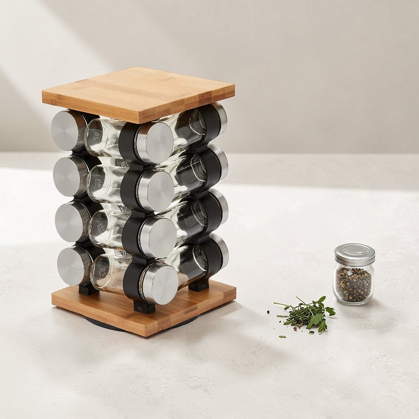 Modern Rotating Spice Rack Organizer Stainless Steel with 12 Glass Jars Set, Kitchen Accessories