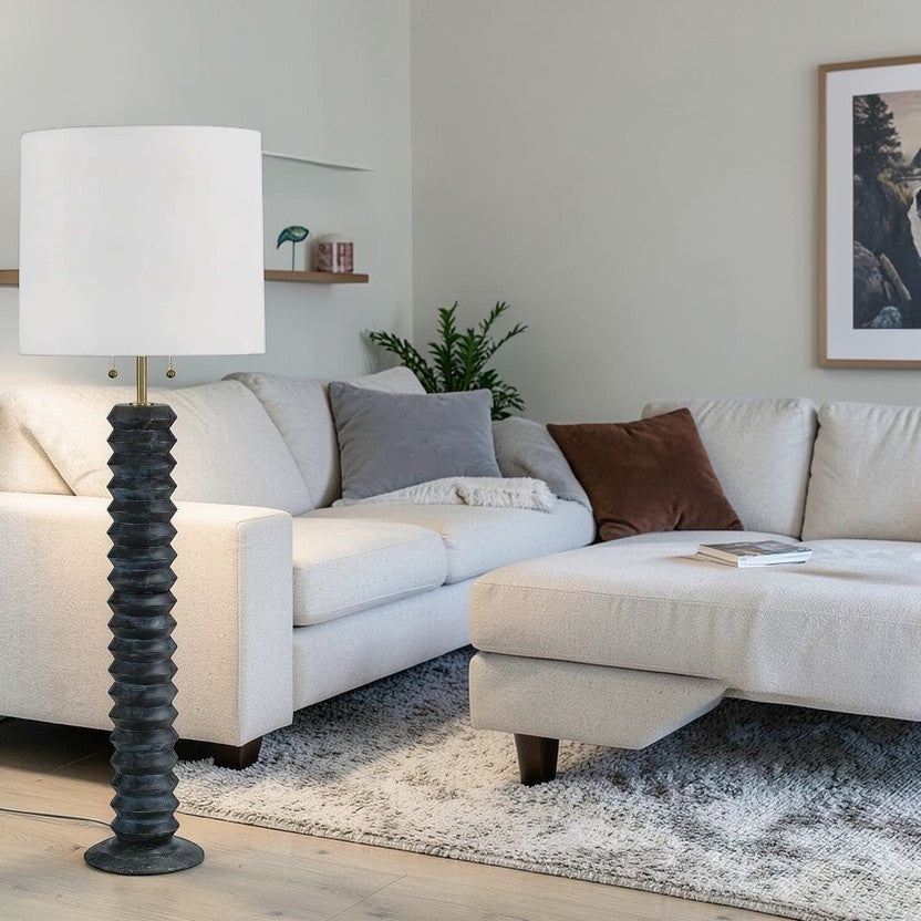 LumiNest Accordion Textured Wood Floor Lamp 63.5" Ebony with White Shade, Living Room Floor Lamps