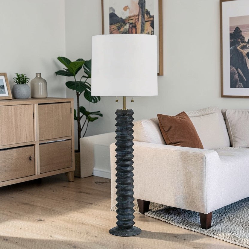 LumiNest Accordion Textured Wood Floor Lamp 63.5" Ebony with White Shade, Living Room Floor Lamps