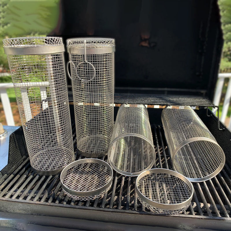 Rotating Grill Basket with Hinged Door and Perforated Walls for Vegetables and Meat