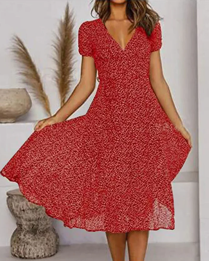 Women's Chiffon Dress with V-Neckline and Floral Print, Lightweight Summer Style