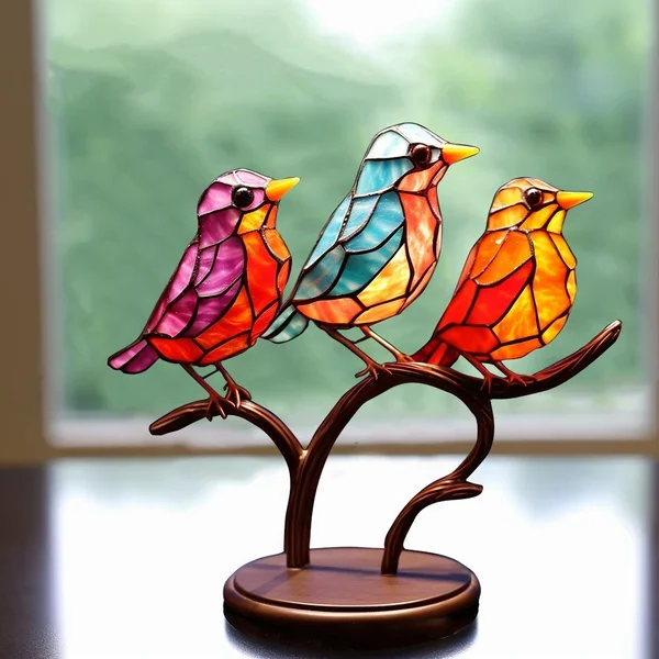Rainbow Acrylic Bird Ornament with Branch Base for Desktop Display