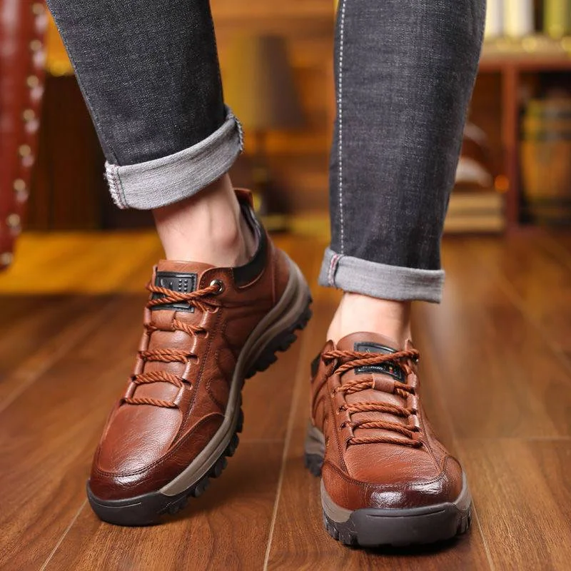 Leather Arch Support Shoes with Adjustable Boosters and Laceless Slip-On Design