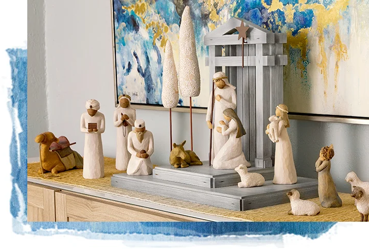 Handcrafted Barn Wood Nativity Set with Six Carved Figures and Creche Structure