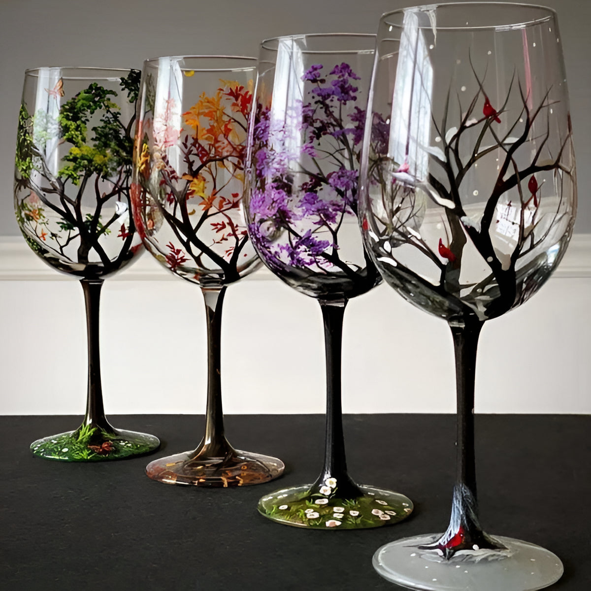 Hand Painted Wine Glasses with Seasonal Tree Designs, 12 oz Dishwasher Safe
