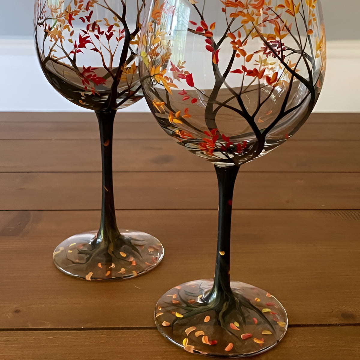 Hand Painted Wine Glasses with Seasonal Tree Designs, 12 oz Dishwasher Safe