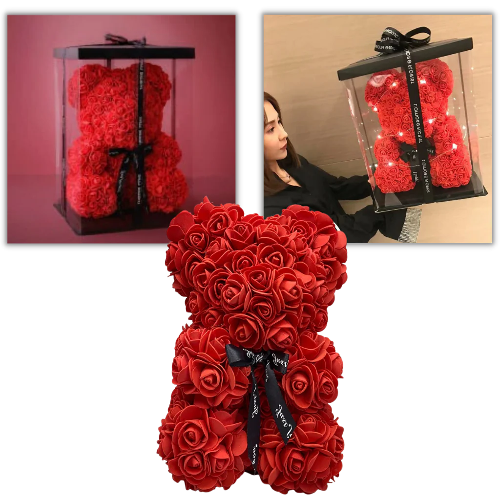 Foam Rose Teddy Bear with Ribbon Neck Accent and Lasting Color, 9.8 Inches
