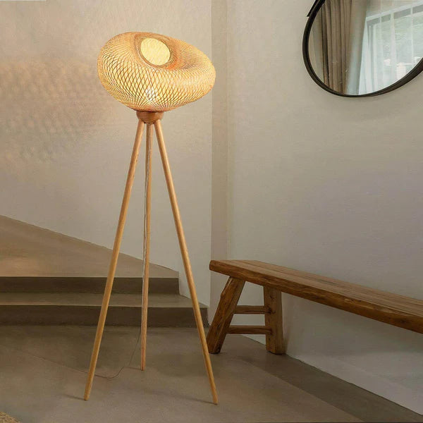 LumiNest Rattan Tripod Floor Lamp 63" Natural Wicker Orb Shade, Living Room Floor Lamps