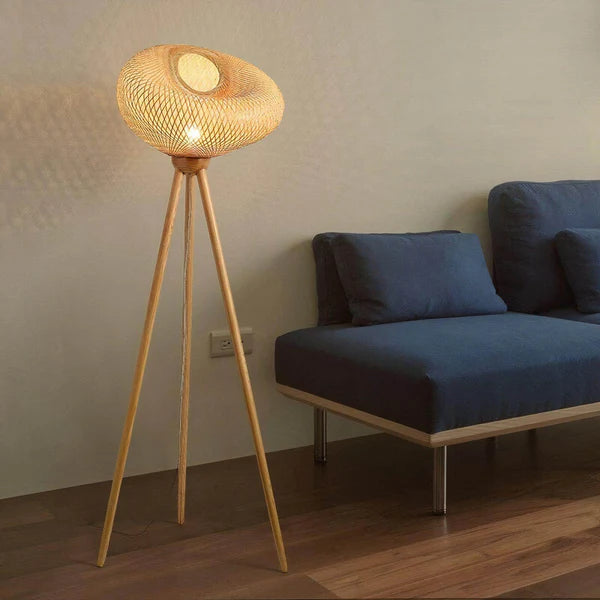 LumiNest Rattan Tripod Floor Lamp 63" Natural Wicker Orb Shade, Living Room Floor Lamps